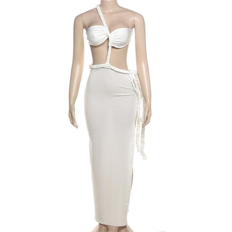 Irregular one shoulder high slit o ring self tie maxi dress