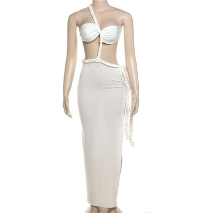 Irregular one shoulder high slit o ring self tie maxi dress