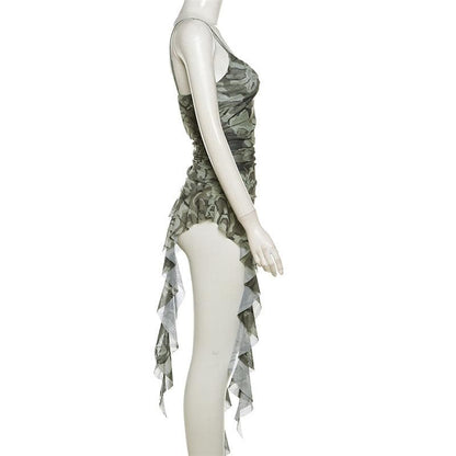 Camouflage ruffle irregular ruched cami top