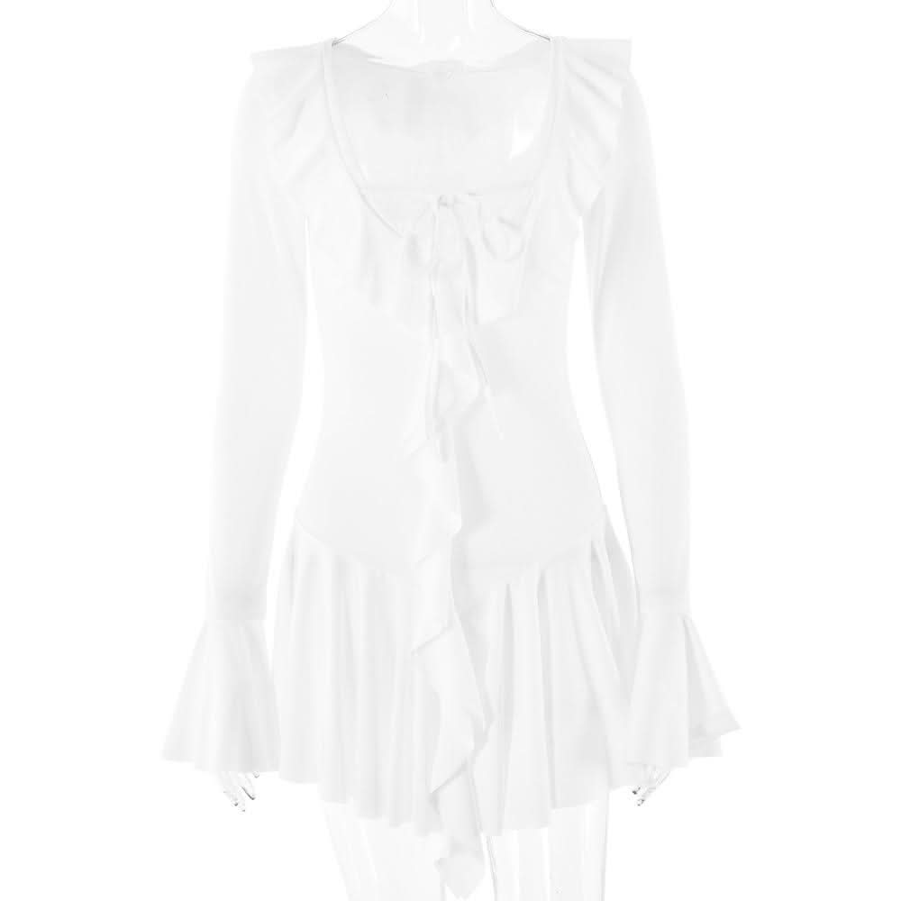 Long flared sleeve v neck self tie ruffle mini dress