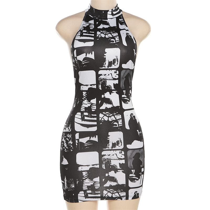 Graphic Collage Print Halter Neck Sleeveless Bodycon Mini Dress