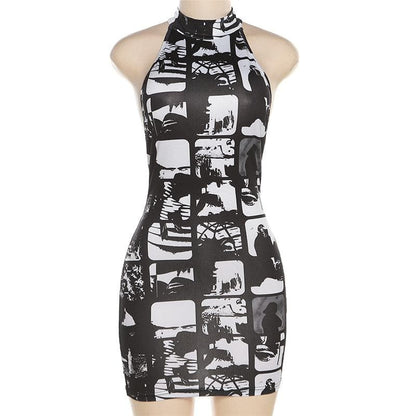 Graphic Collage Print Halter Neck Sleeveless Bodycon Mini Dress