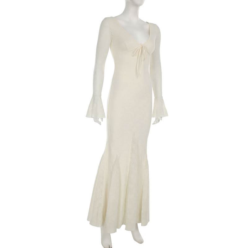V neck long sleeve lace bowknot maxi dress