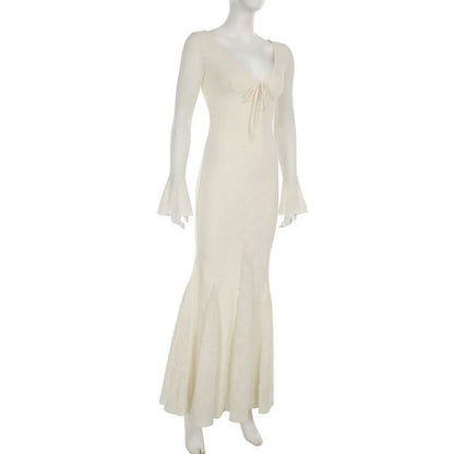 V neck long sleeve lace bowknot maxi dress