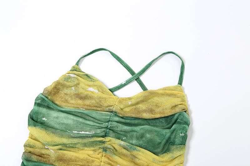 Sheer mesh contrast high slit ruched knotted cami maxi dress