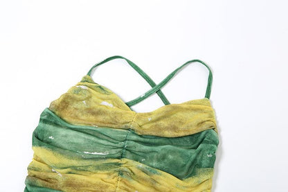 Sheer mesh contrast high slit ruched knotted cami maxi dress