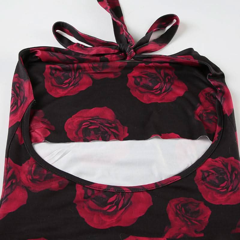 Flower print halter self tie u neck ruched mini dress