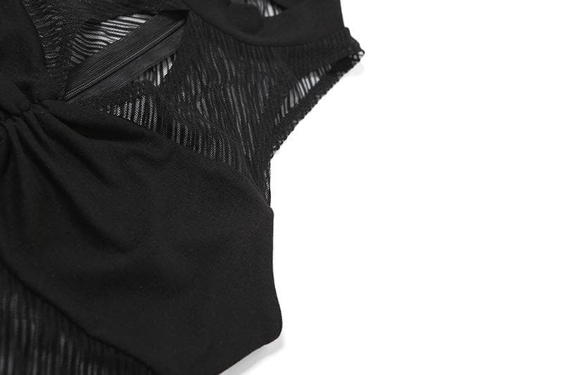 High neck ruched hollow out mesh zip-up tank cut out top