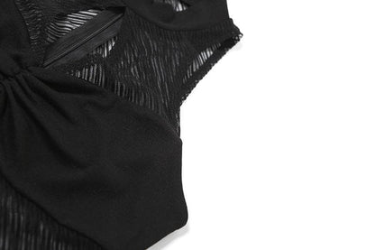 High neck ruched hollow out mesh zip-up tank cut out top
