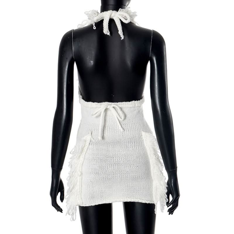 Halter self tie tassels knitted backless mini dress