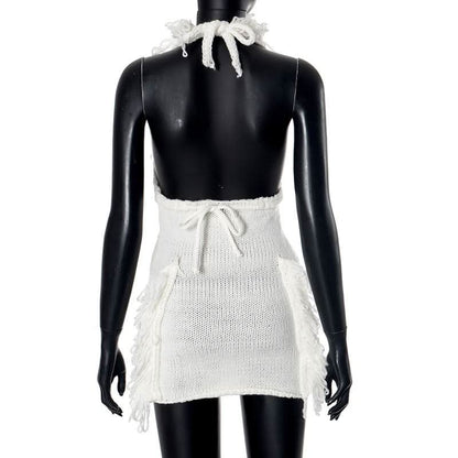 Halter self tie tassels knitted backless mini dress