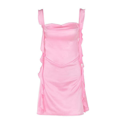 Cowl neck ruffle satin ruched cami mini dress