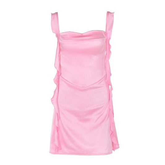 Cowl neck ruffle satin ruched cami mini dress
