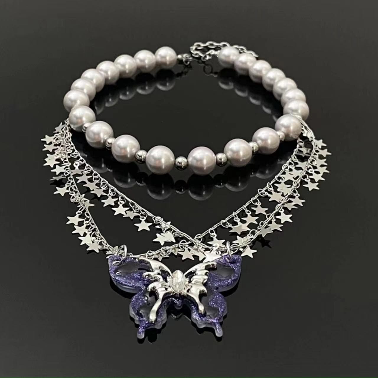 Butterfly star pattern faux pearl choker necklace
