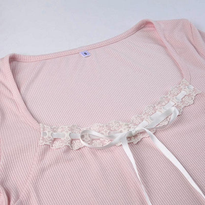Ribbed lace hem long sleeve contrast square neck gloves crop top