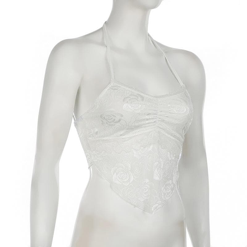 Halter lace ruched solid knotted top