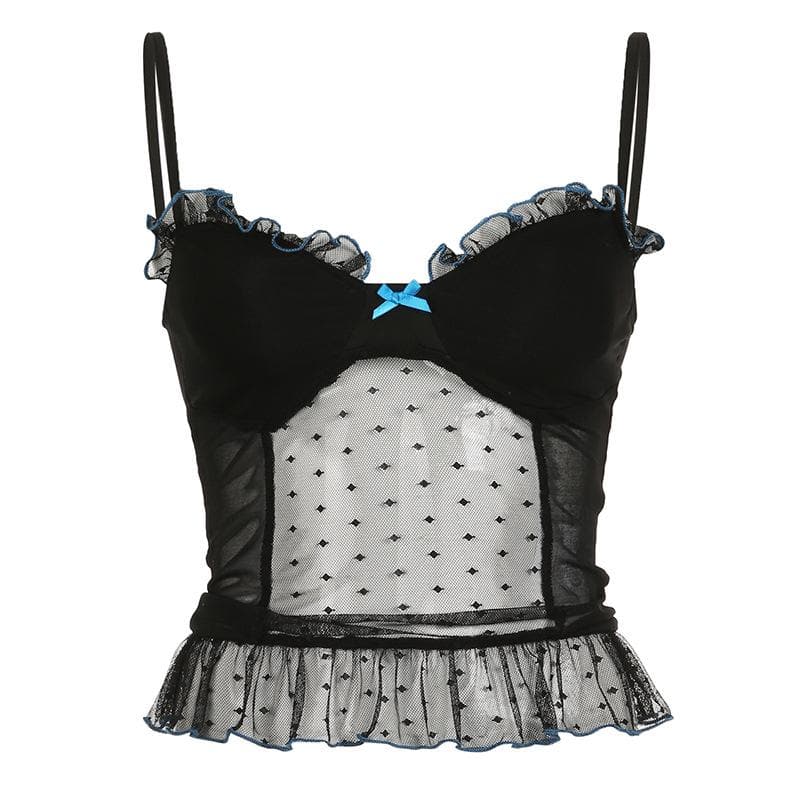 V neck polka dot bowknot mesh ruffle cami top