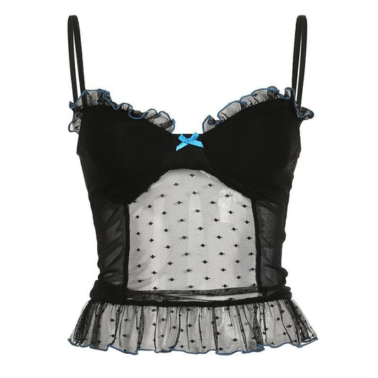 V neck polka dot bowknot mesh ruffle cami top