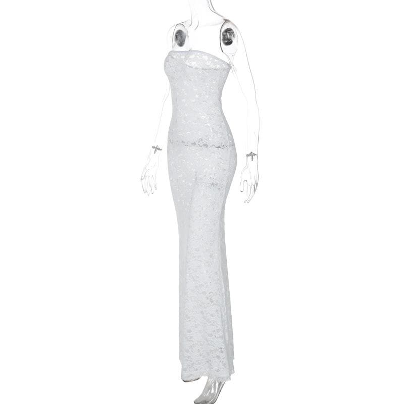 Lace see through solid tube maxi dress