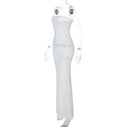 Lace see through solid tube maxi dress