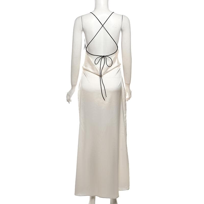 Lace zip-up backless high slit cami maxi dress