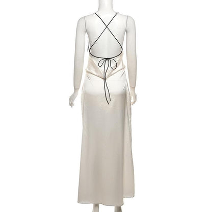 Lace zip-up backless high slit cami maxi dress