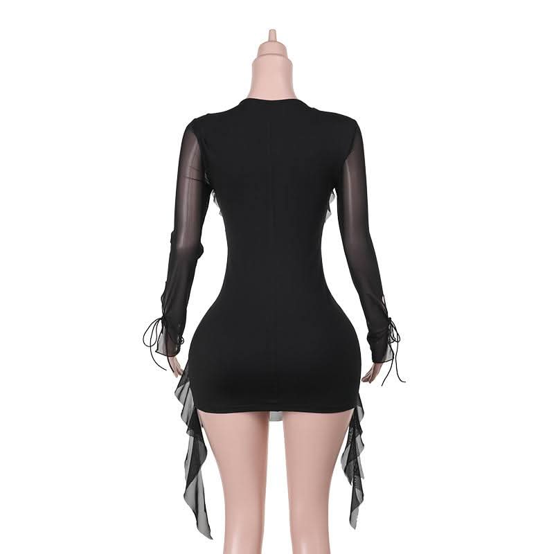 Long sleeve lace up ruffle self tie mesh mini dress
