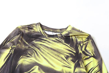 Long sleeve crewneck ruched print maxi dress