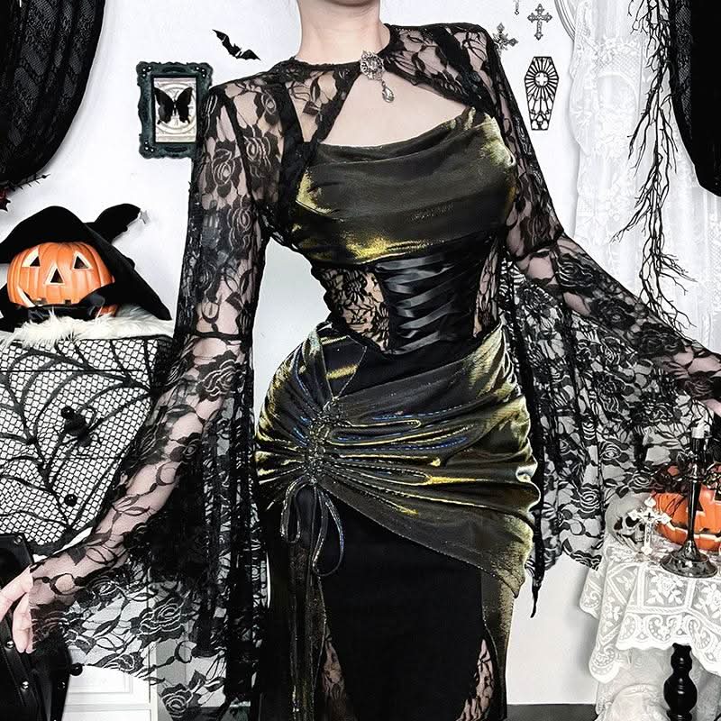 Long flared sleeve lace rhinestone applique shrug