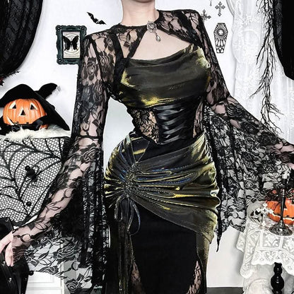 Long flared sleeve lace rhinestone applique shrug
