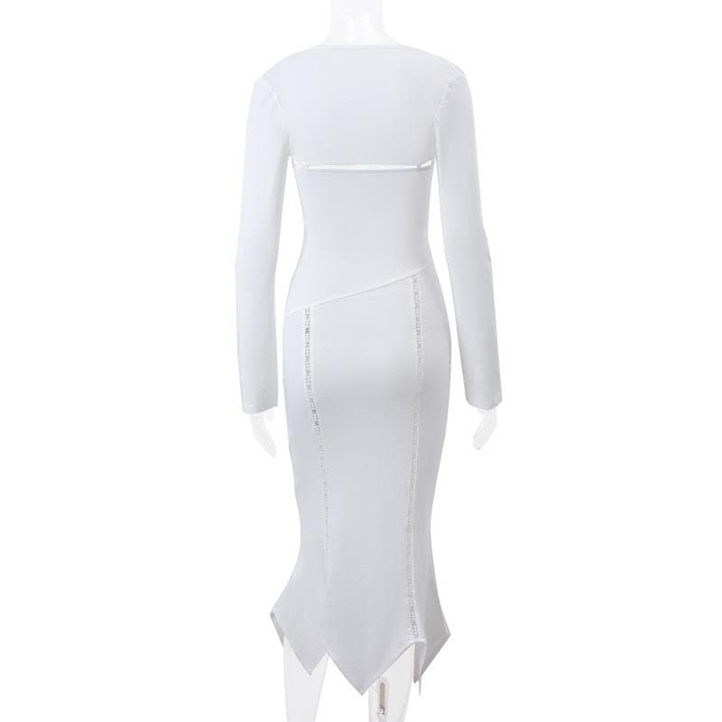 Long Sleeve O Ring Cutout Ruched Shrug Cami Midi Dress
