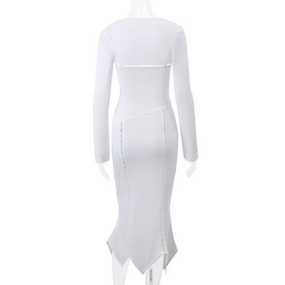 Long Sleeve O Ring Cutout Ruched Shrug Cami Midi Dress
