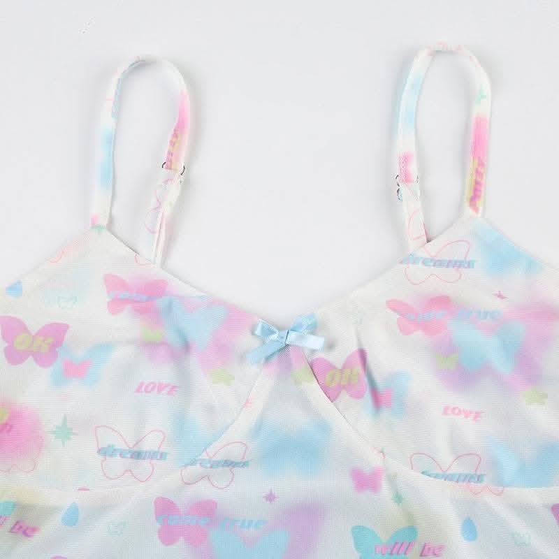 Bowknot butterfly print mesh ruffle cami top-final-sale