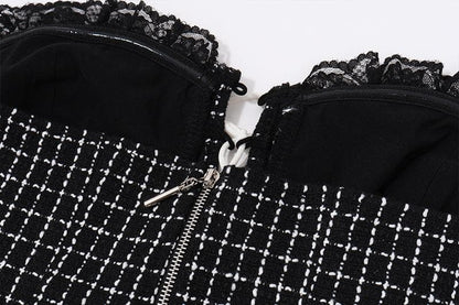 Long sleeve mesh plaid bowknot lace up shrug 2 piece mini dress