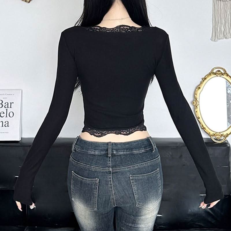 Long sleeve lace hem bowknot crop top