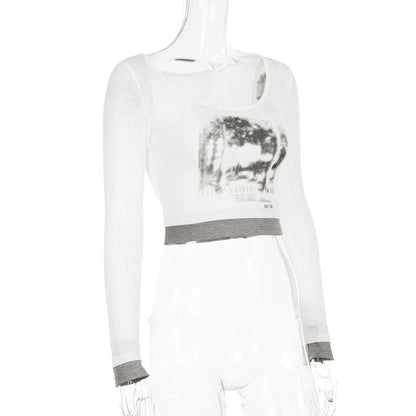 Long sleeve round neck patchwork crop top