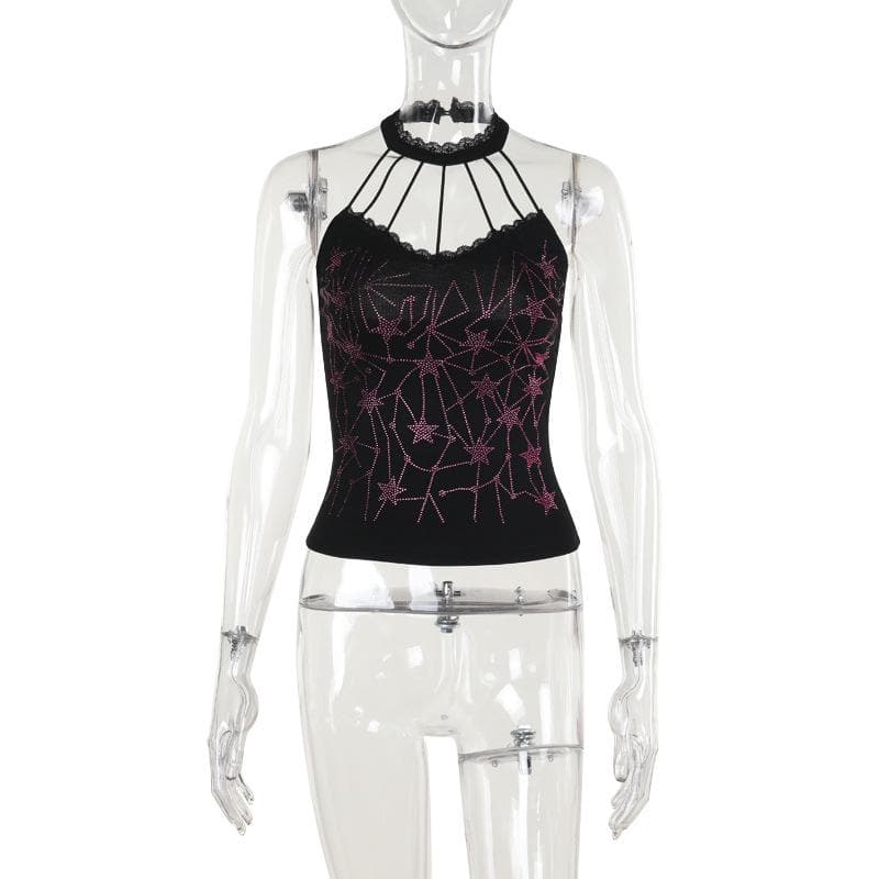 Halter beaded lace hem backless top