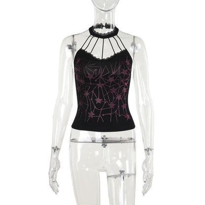 Halter beaded lace hem backless top