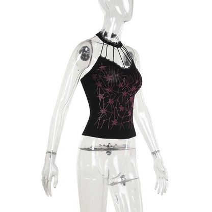 Halter beaded lace hem backless top