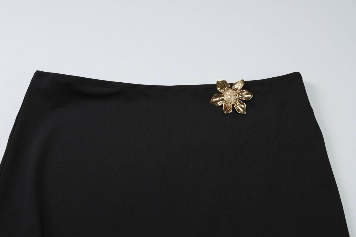 One shoulder long sleeve flower applique maxi skirt set