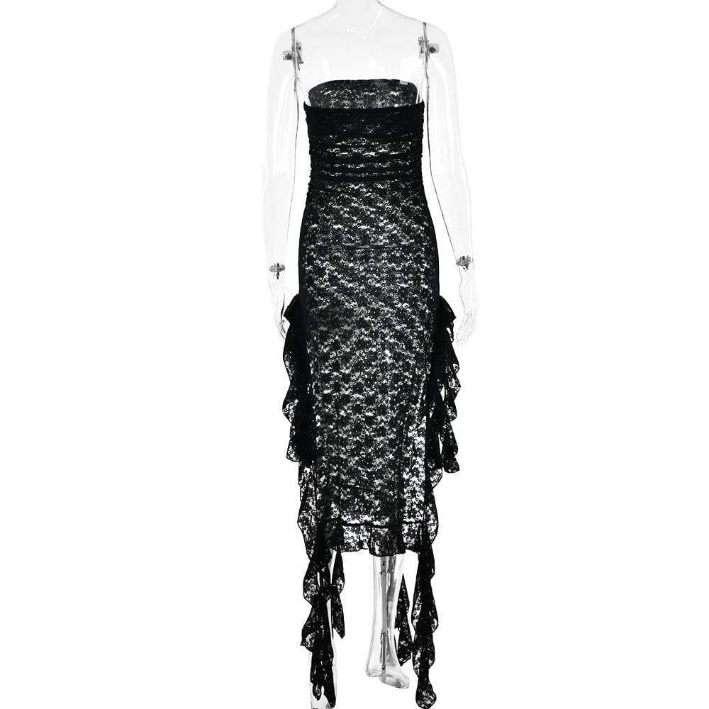 Lace ruffle solid high slit see through tube midi dress