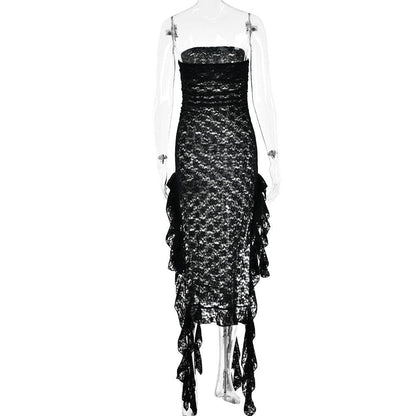 Lace ruffle solid high slit see through tube midi dress