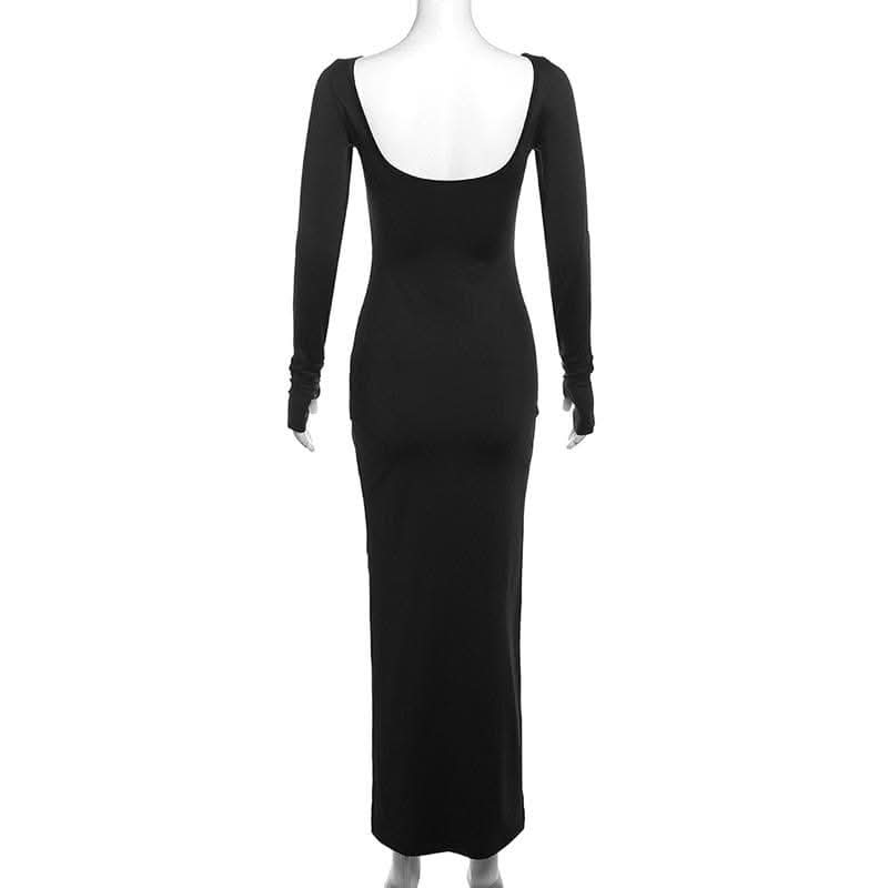 Ruched long sleeve solid gloves round neck maxi dress-final-sale