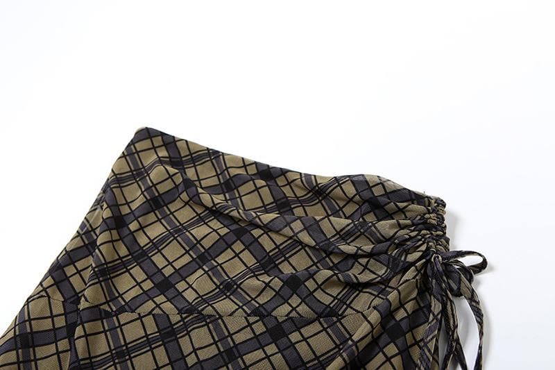 Plaid ruched drawstring mesh irregular midi skirt