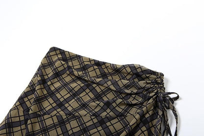 Plaid ruched drawstring mesh irregular midi skirt