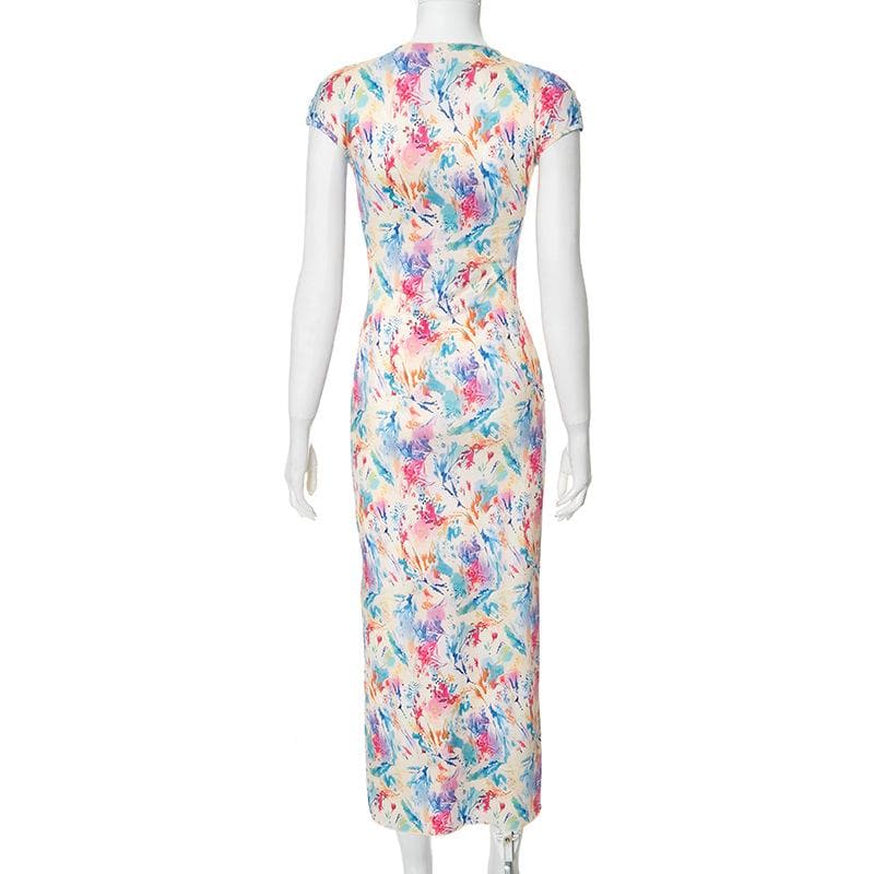 Cap sleeve print slit crewneck midi dress