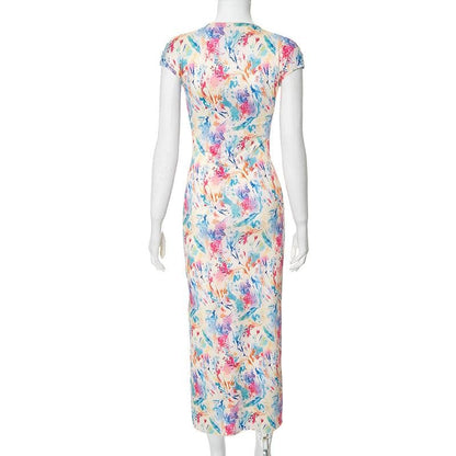 Cap sleeve print slit crewneck midi dress