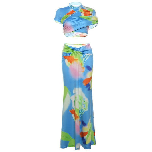Short sleeve ruched contrast print maxi skirt set-final-sale