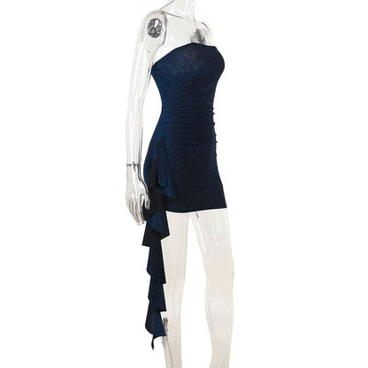 Ruched ruffle irregular backless tube mini dress