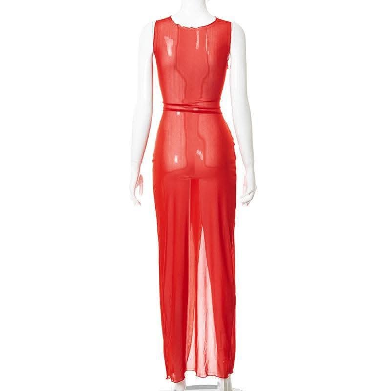 Sheer mesh see through knotted hollow out slit cut out maxi dress-final-sale